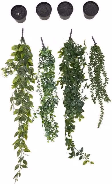 Livingandhome Set of 4 Green Artificial Hanging Plants with Black Pots
