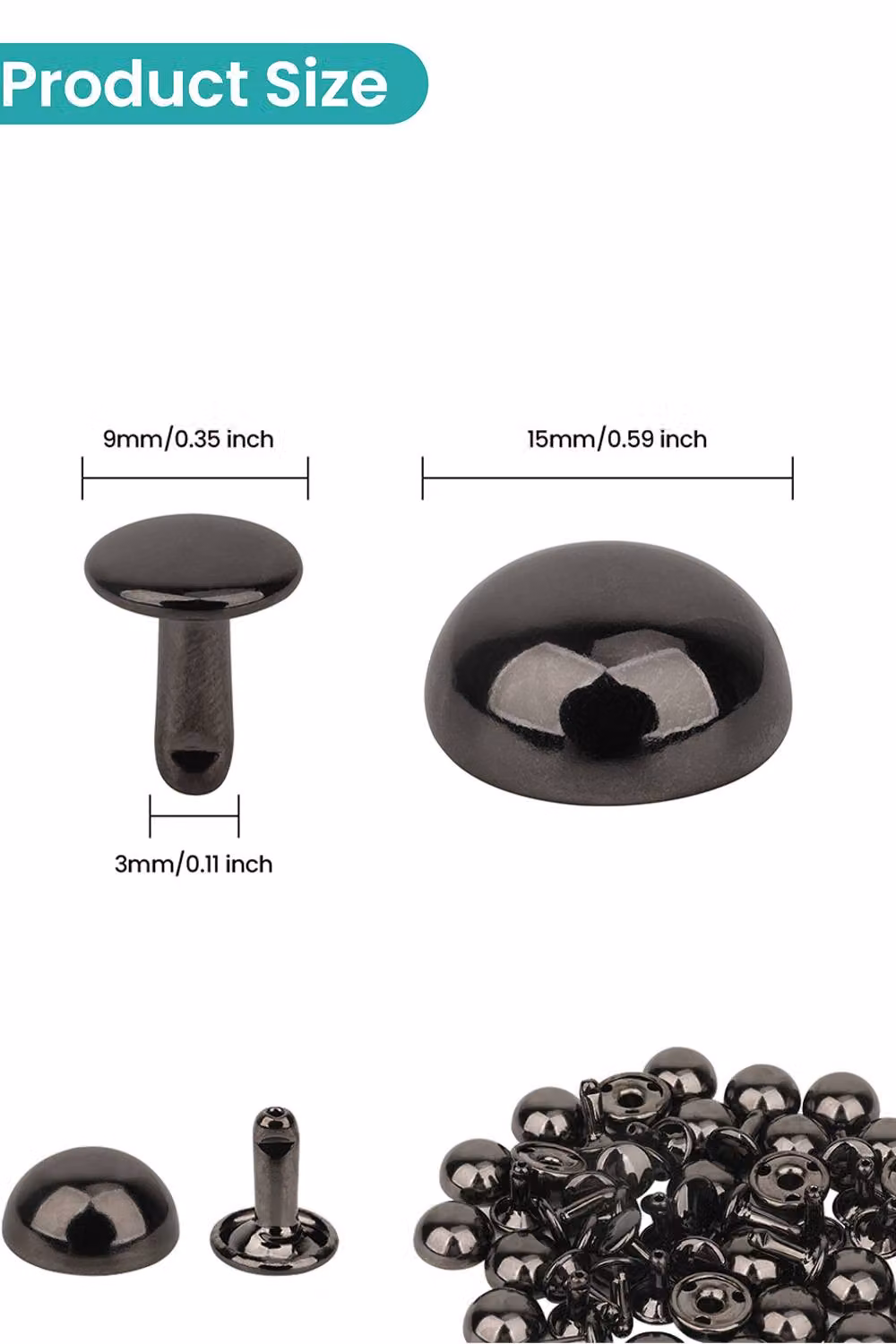 Neel Blue Black Nickel-Plated 15mm Dome Shaped Bag Feet Rivets with 9mm Round Studs, 25 Pieces – 2