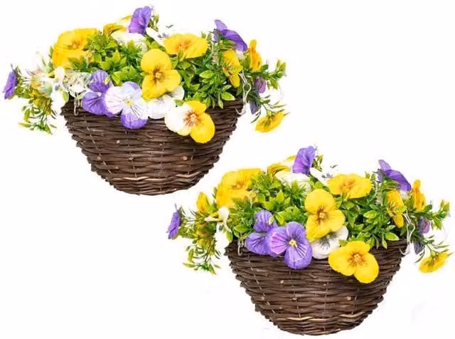 Primrose Pair of Artificial Pansy Flowers in Rattan Hanging Baskets, Yellow, Purple and White, Diameter: 25 cm