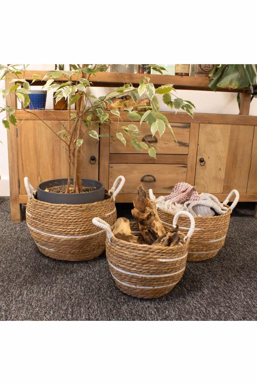 KDMD Set of 3 Brown and White Cotton and Seagrass Large Stripe Open Weave Baskets with Handles – 3