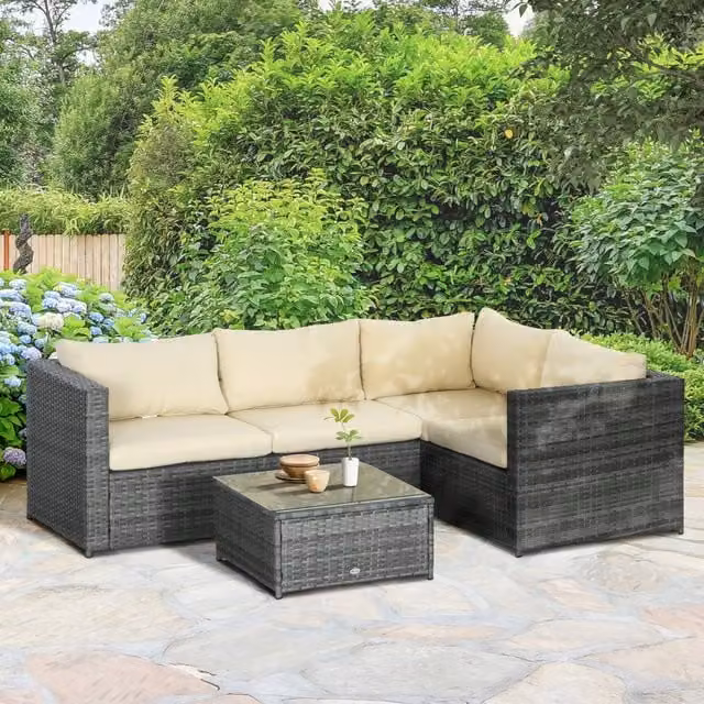 Outsunny Rattan Patio Corner Sofa Chair Set with Coffee Table in Beige