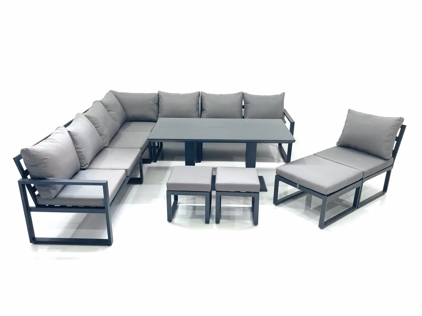 Fimous 11 Seater Outdoor Garden Furniture Set with Corner Sofa, 3 Footstools and Height Adjustable Dining Table in Dark Grey – 2