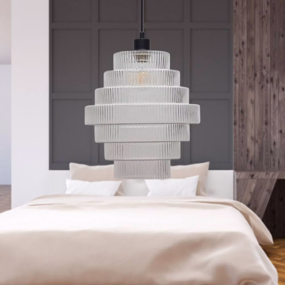 First Choice Lighting Benson Set of 2 Modern 7 Tier Glass and Black Pendant Lights with Transparent Shades – 3