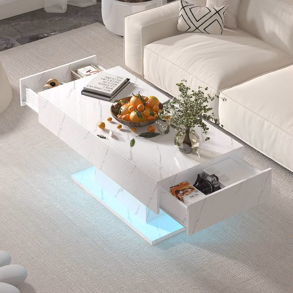 KEEPREAPER Modern Marble Finish LED Coffee Table with 2 Storage Drawers in White, W/D/H: 110 x 55 x 50 cm – 2