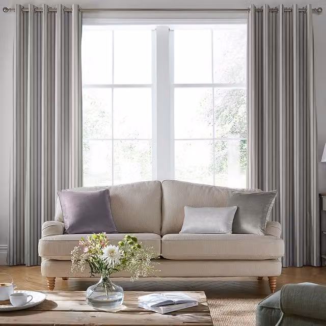 Laura Ashley Burnsall Stripe Made To Measure Blackout Eyelet Curtains in Grey