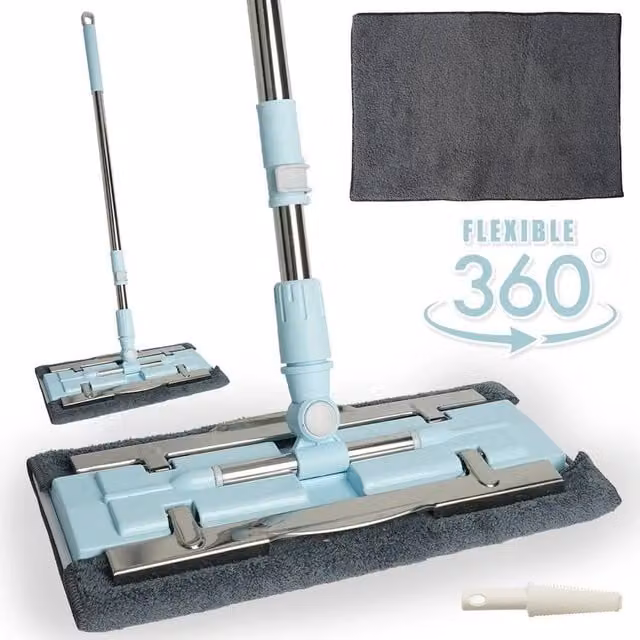 NESTLUNE Blue Flat Floor Cleaning Mop with 135 cm Telescopic Stainless Steel Handle and Microfibre Pad – 1