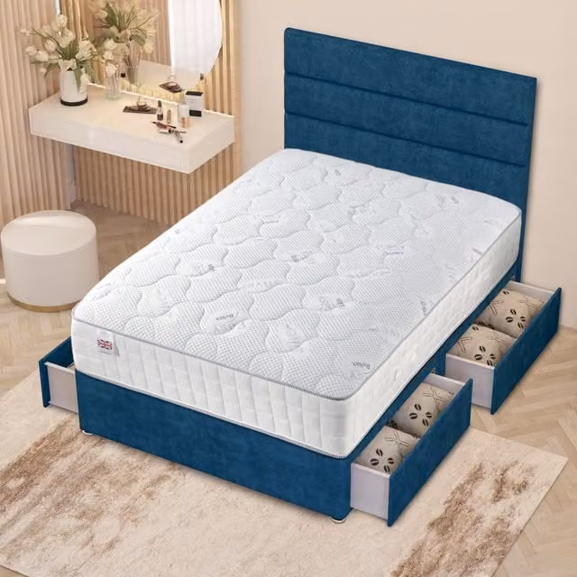 Somnior Beds Ltd Blue Velvet Upholstered Modern Bed Frame with Headboard and Drawers, W/D: 140 x 200 cm