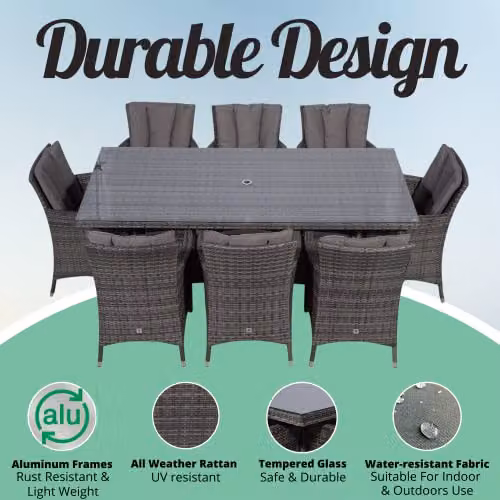Giardino Savannah 8 Seater Rattan Garden Dining Set with Parasol and Cover, Grey and Brown, W: 200 cm, D: 100 cm – 2