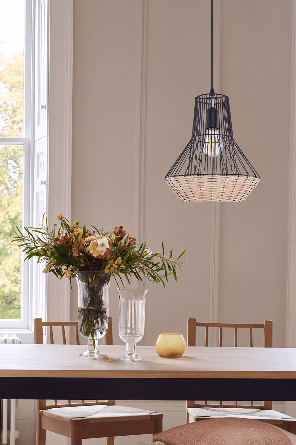 Living and Home Geometric Rattan and Metal Pendant Light in Brown and Black – 1