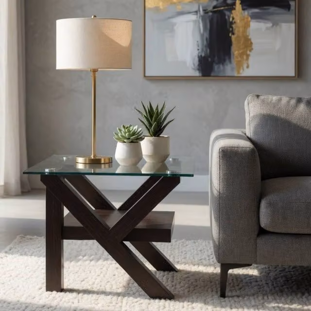 KDMD Modern Cross Black Oak Side Table in Brown and Black