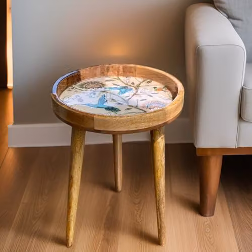 Hartsmede Mango Wood Round Side Table in Beige with Floral Design and Detachable Legs – 3