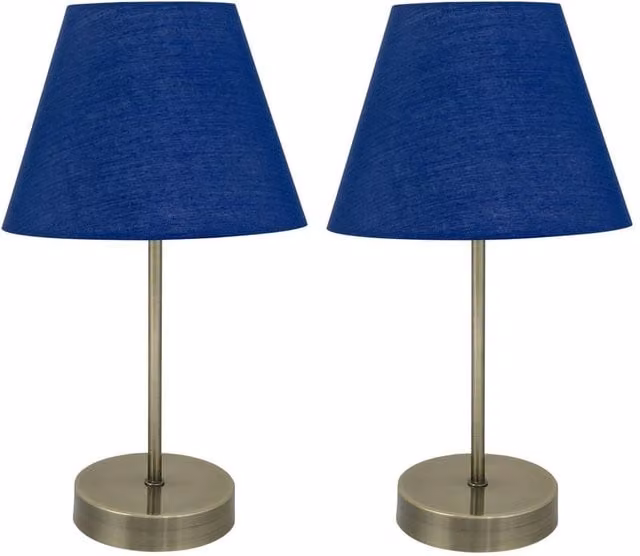 First Choice Lighting Set of 2 Antique Brass Stick Table Lamps with Blue Fabric Shades