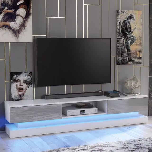 Mex Furniture LTD Modern Glossy TV Unit with LED Lighting in Light Grey, W: 180 cm, H: 36 cm, D: 35 cm – 1