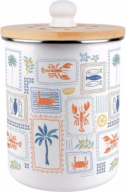 Purely Home Mediterranean Summer Metal Kitchen Compost Bin with Flip Lid, 2 l, Blue and White