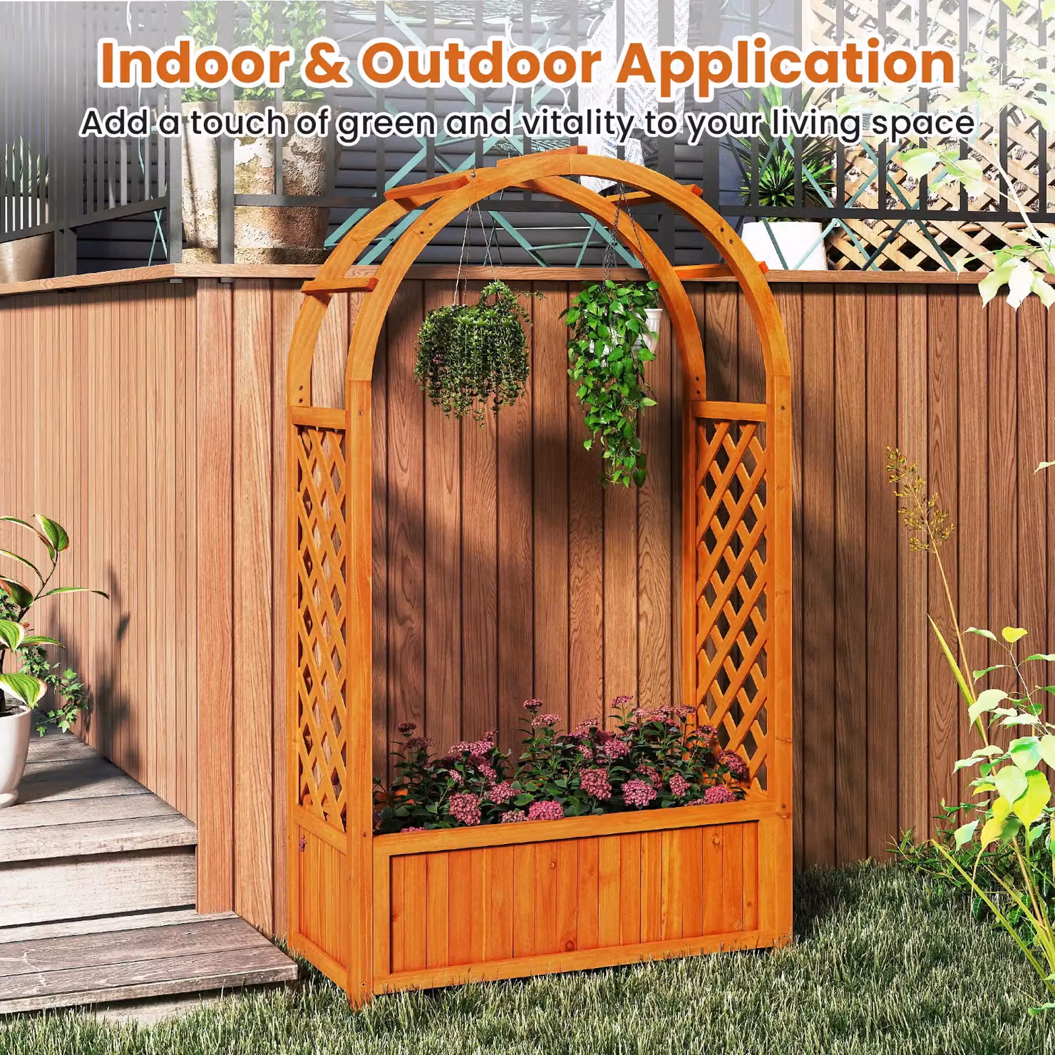 Gymax Wooden Raised Garden Bed with Arch Planter Box and Trellis, Brown – 6
