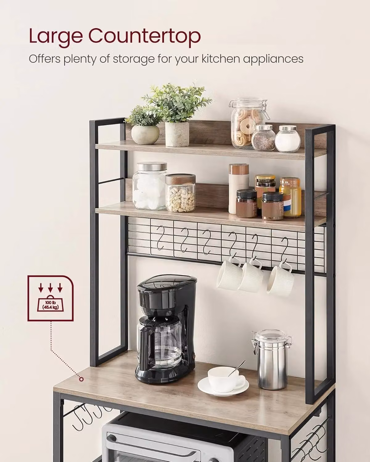 VASAGLE Kitchen Rack with Power Outlet, Hooks and Metal Wire Panel in Fawn – 5
