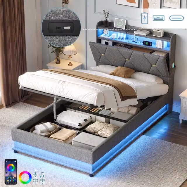ModernLuxe Upholstered Single Ottoman Bed Frame with LED Storage Headboard and USB Charging Port in Grey, W/D/H: 90 x 190 x 110 cm