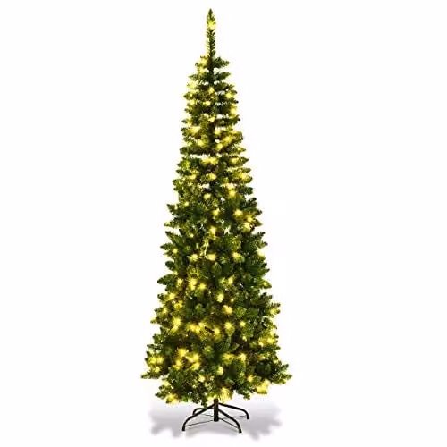 Shatchi 1.8m Pre-Lit Artificial Slim Green Pencil Christmas Tree with Warm White LEDs, H: 180 cm, W: 58 cm – 1