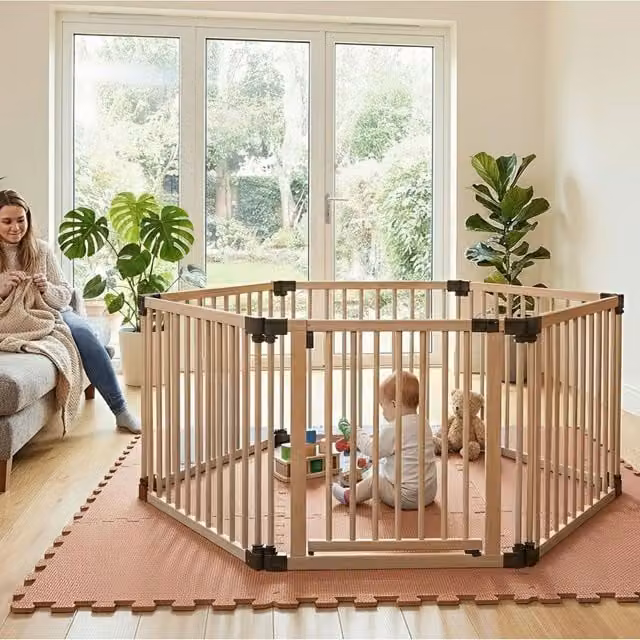 Safetots Hexagonal Wooden Play Den with Soft Foam Play Mat, Dusty Blue and Natural, W/D/H: 180 x 150 x 80 cm