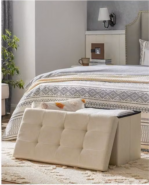 SONGMICS Storage Ottoman Bench in White, 76 cm Folding Foot Rest Stool