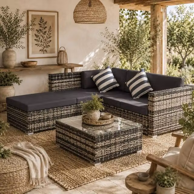 Wyld Haus Eltami 4 Seater Rattan and Metal Outdoor Sectional Sofa Set in Black and Grey