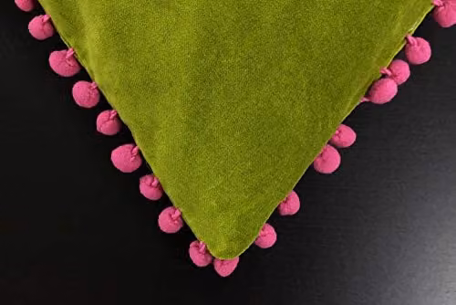 Riva Paoletti Green Faux Velvet Cushion with Contrasting Fuchsia Pink Pompom Edges and Hidden Zip Closure, W/D/H: 45 x 45 x 45 cm – 4