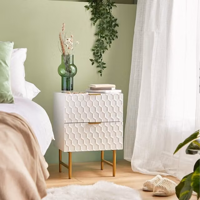 BTFY Set of 2 White and Gold Honeycomb Design Bedside Tables with 2 Drawers