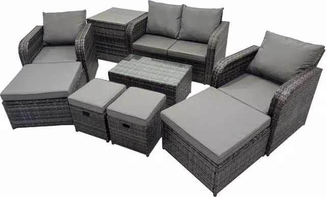 Fimous 8-Seater Rattan Outdoor Sofa Set in Dark Grey with Recliners, Coffee Table and Ottoman