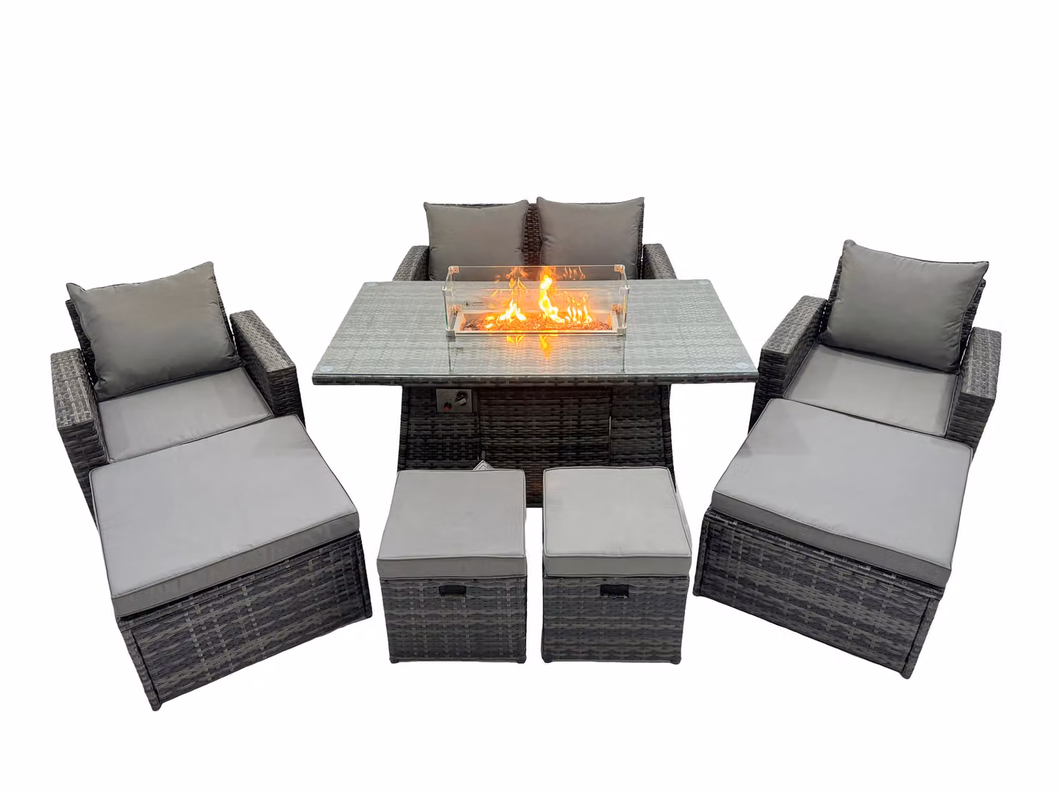 Fimous Outdoor Love Sofa Set with 8 Seats, Gas Firepit Dining Table and 3 Footstools in Dark Grey – 2