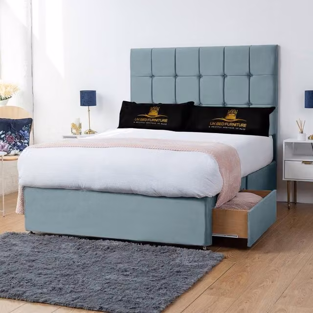 UK Bed Furniture Florence Divan Bed with 2 Drawers and 26 Inch Headboard in Light Blue Velvet, Size: Double (W/D/H: 140 x 200 cm)