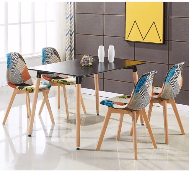 Life Interiors Patchwork Halo Dining Set with Black Rectangular Table and 4 Multicolour Fabric Chairs – 1