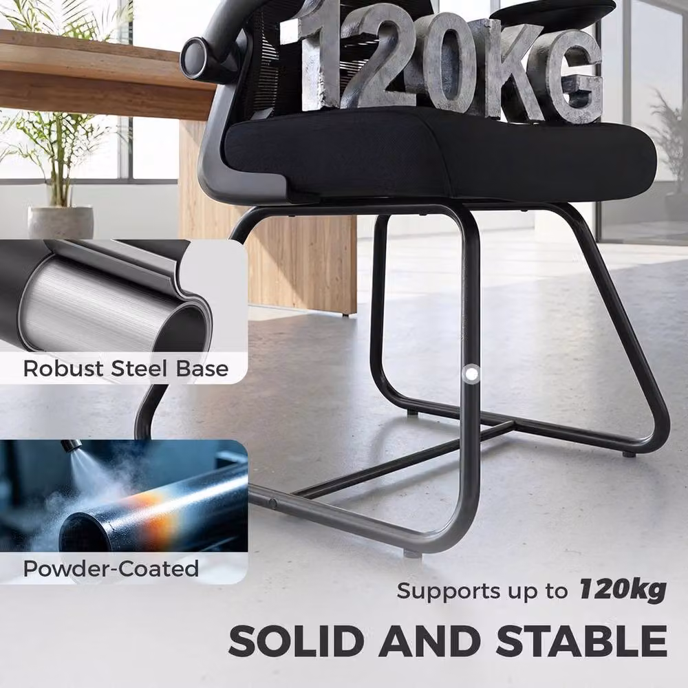 EONLION Black Fabric Conference and Reception Office Chair with Flip-up Armrests and Metal Frame – 3