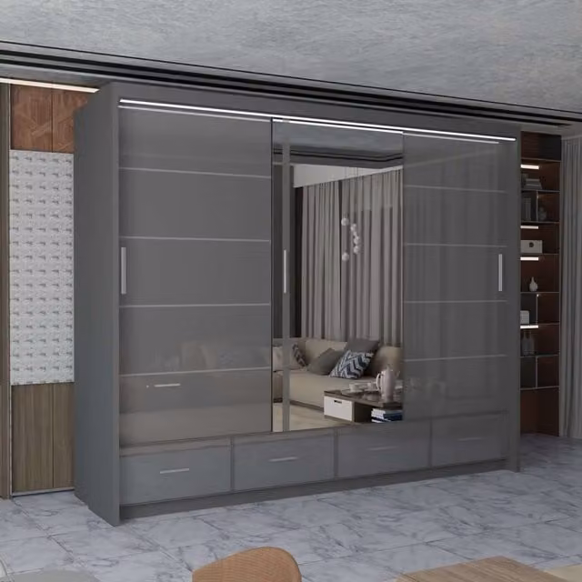 MN Furniture High Gloss Sliding Mirrored Wardrobe with LED Lighting in Grey, W/H: 255 x 220 cm