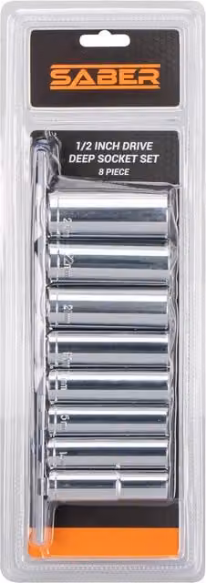 Saber 1/2 inch Deep Socket Eight Piece Steel Set in Silver