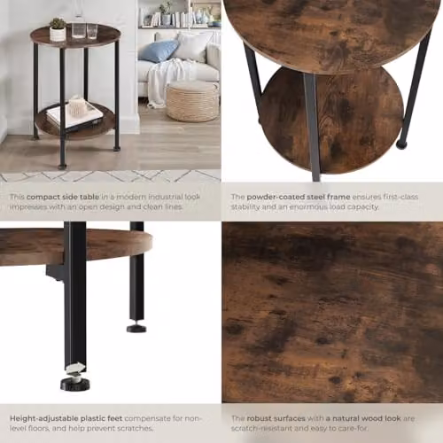 tectake Ballina Bedside Table in Dark Brown with Industrial Design, Diameter: 45 cm, Height: 64 cm – 6