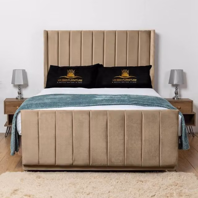 UK Bed Furniture Seoul Wingback Divan Bed Base with 54 Inch Headboard in Beige, King Size, W/D/H: 180 x 200 cm