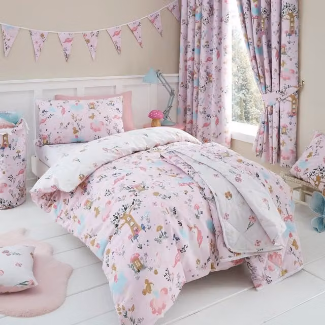 Happy Linen Company Enchanted Forest Kids Reversible Duvet Cover and Pillowcase Set, Pink, Duvet Cover: 140 x 200 cm, Pillowcase: 50 x 75 cm