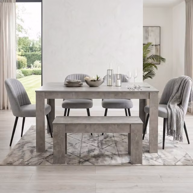 Kosy Koala 6 Seater Dining Set with Rectangular Stone Grey Effect Table, 4 Grey Fabric Chairs and Bench