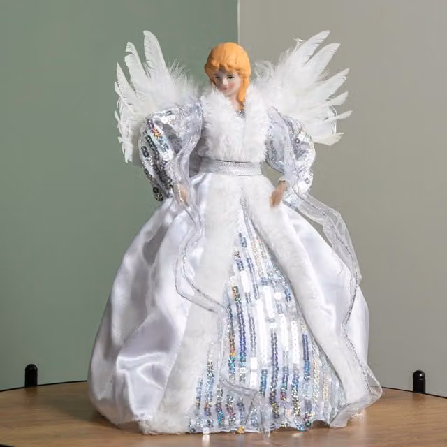 Samuel Alexander White and Silver Christmas Angel Tree Topper Decoration, Height: 30 cm