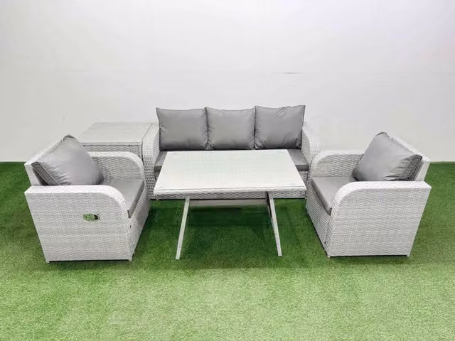 Fimous 3 Seater Garden Furniture Set with Reclining Chairs and Coffee Table in Light Grey