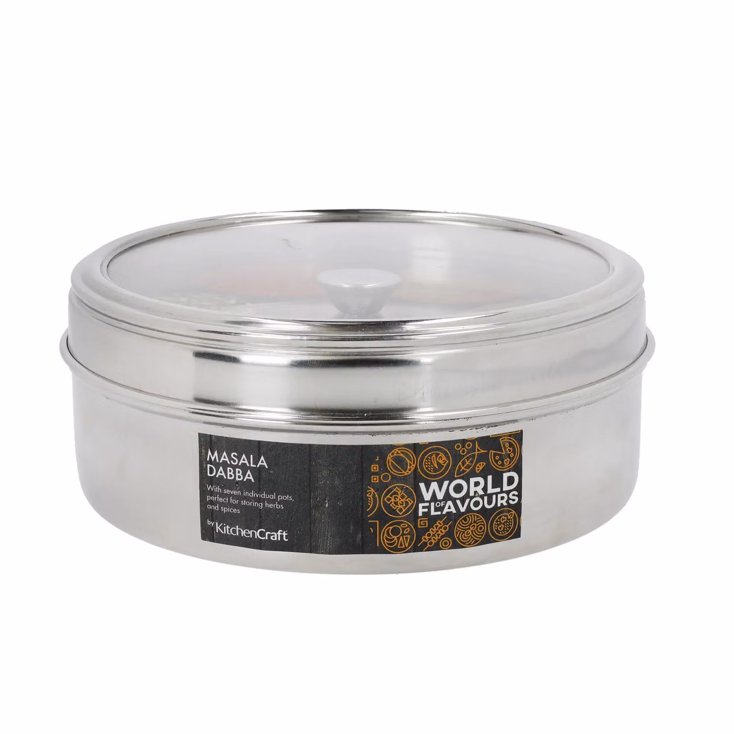 KitchenCraft World of Flavours Indian Spice Box Masala Dabba in Silver Stainless Steel, Diameter: 17 cm – 6
