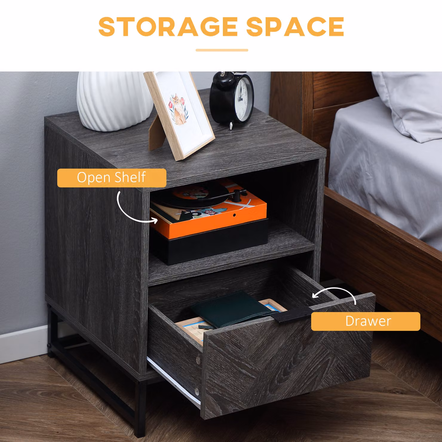 HOMCOM Bedside Table with Drawer and Shelf in Dark Grey with Steel Legs – 4