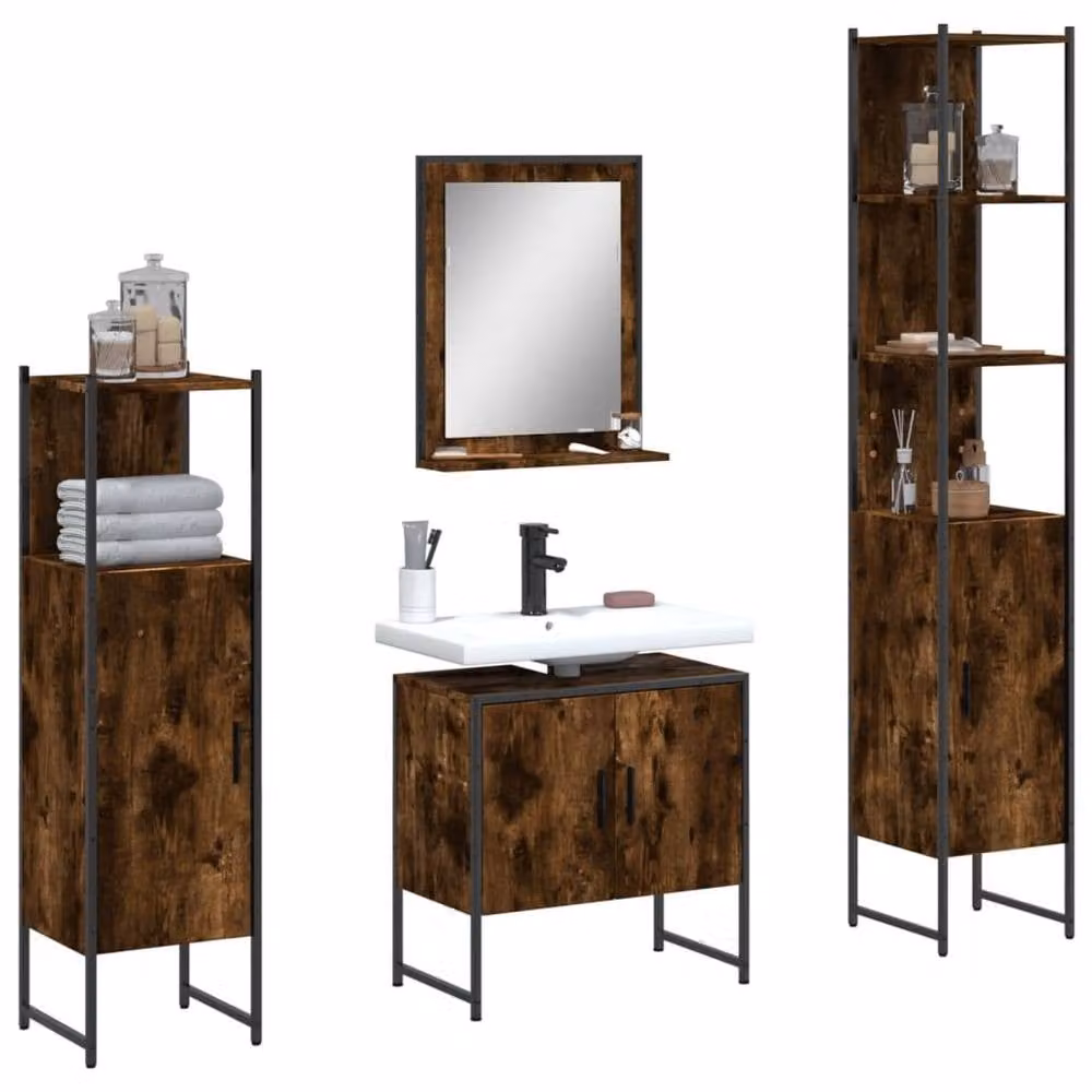 Berkfield Home 4 Piece Industrial Bathroom Cabinet Set in Smoked Oak Brown – 1