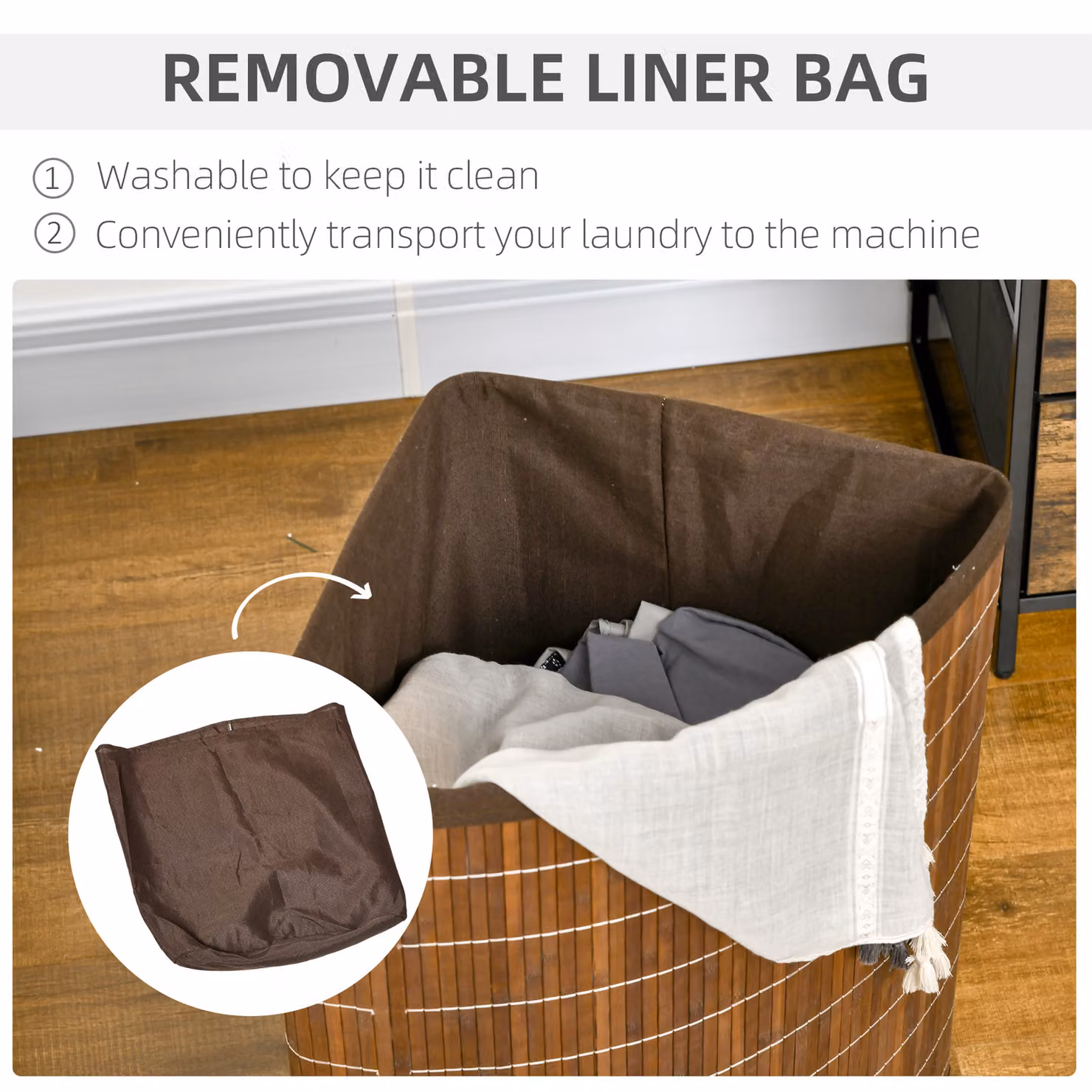 HOMCOM Bamboo Laundry Basket with Lid and Removable Washable Lining, 55 Litres, Brown, W/D/H: 38 x 38 x 57 cm – 4