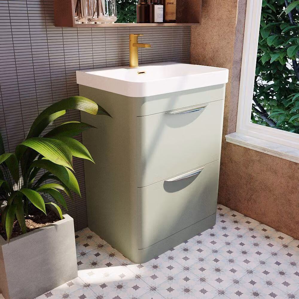 Balterley Wave 600mm Floor Standing 2 Drawer Unit and Ceramic Basin in Satin Green – 4