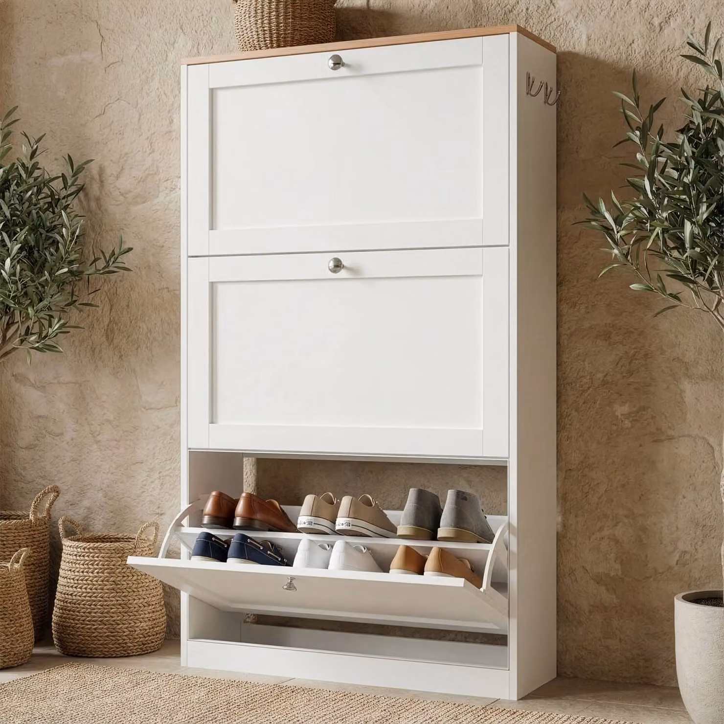 Shaker 3 Drawer Slim Shoe Cabinet in White for Hallway Storage