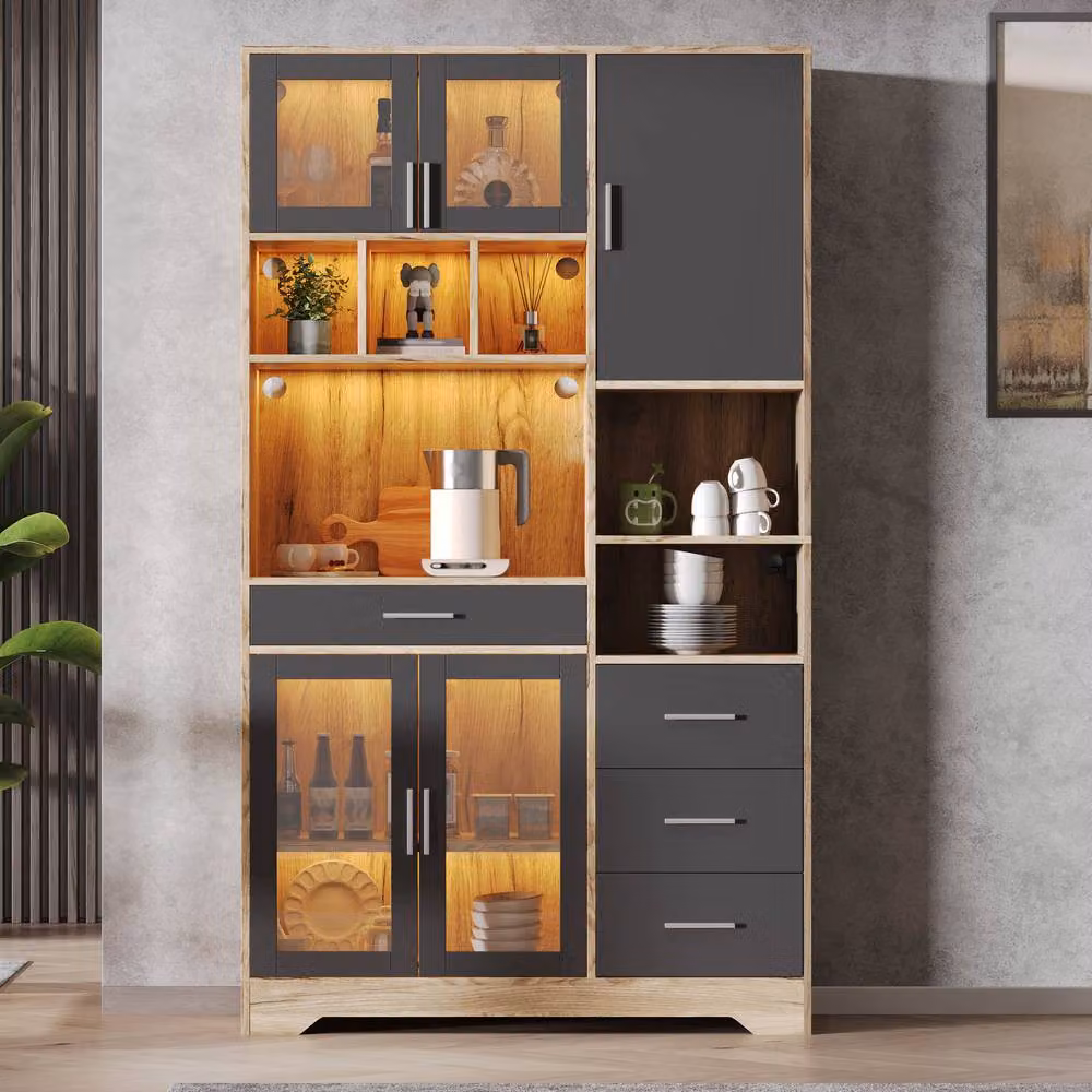 Merax Tall Kitchen Dresser in Black with Glass Doors, Integrated LED Lighting and Power Outlet, Height: 100 cm – 2