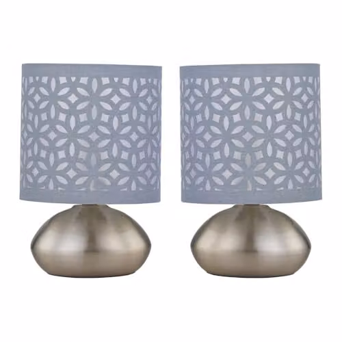 First Choice Lighting Jenson Set of 2 Brushed Chrome Touch Table Lamps with Grey Fabric Cut Out Shades