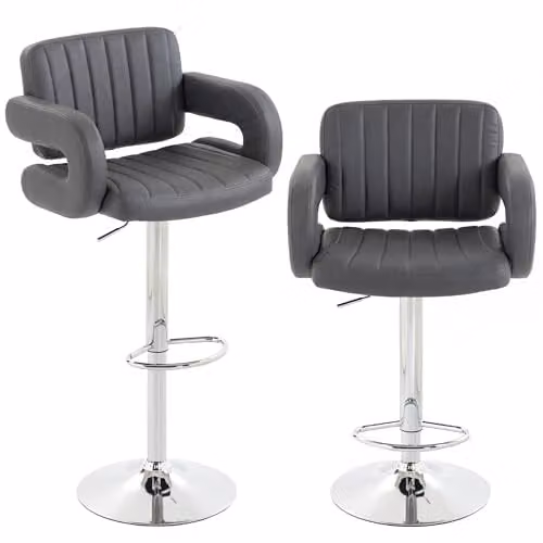 HOMCOM Set of 2 Grey PU Leather Bar Stools with Armrests and 360 Degree Swivel