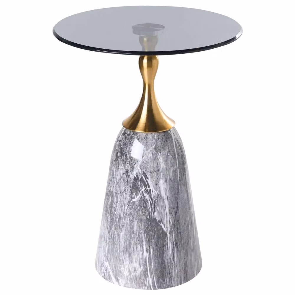 Wyld and Coco Grey Round Side Table with Tempered Glass Top and Marble-Effect Base, H 55 cm x W 40 cm x D 40 cm – 2